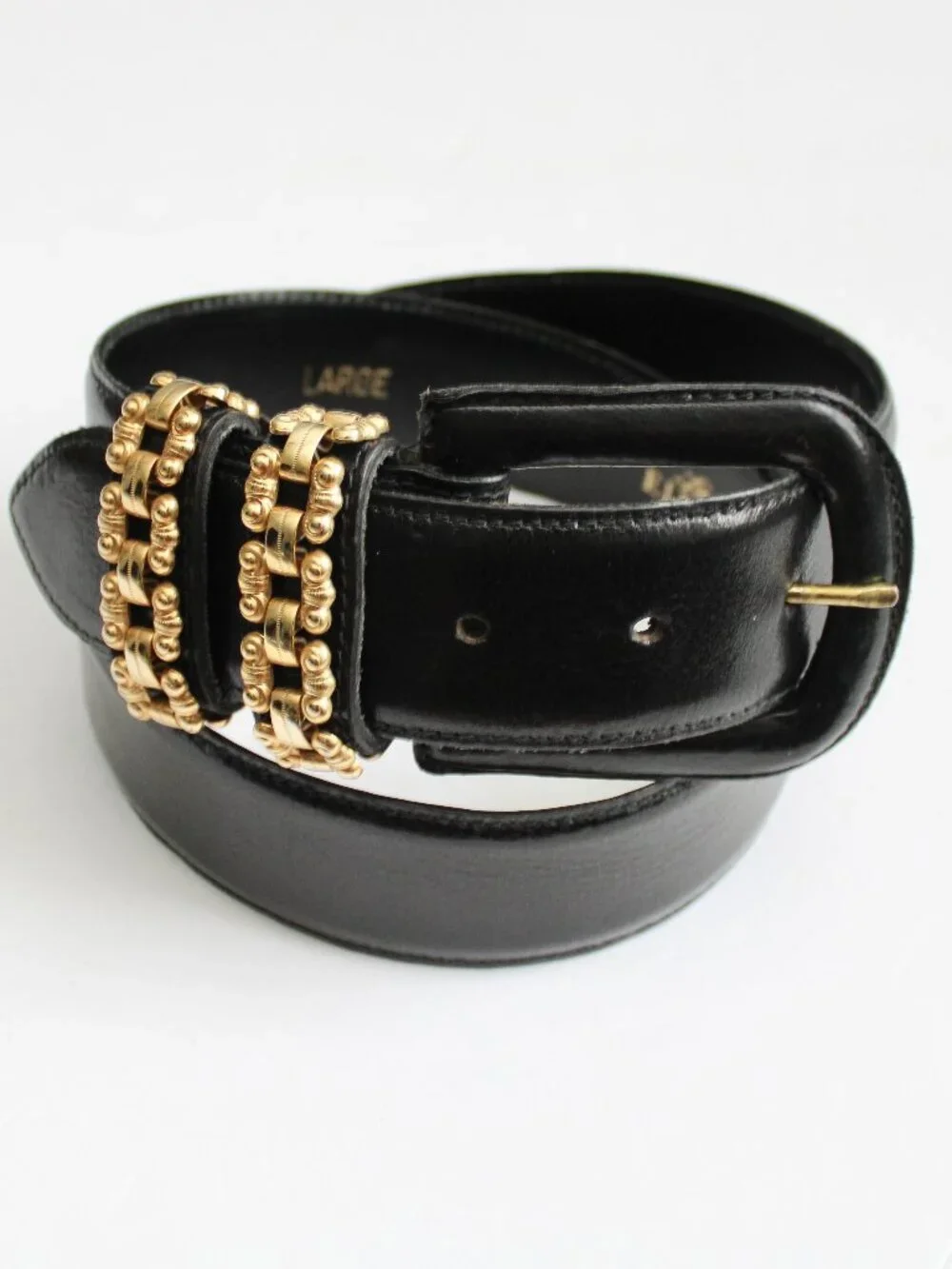 Linda Allen Ellen Tracy VTG 90s High Waist Black Gold Buffalo Calf Belt sz Large